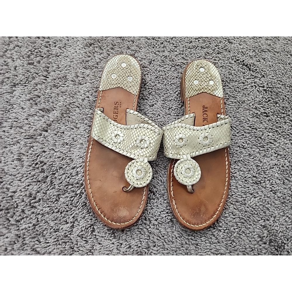 Jack Rogers Sandals Women 8M Gold Snakeskin Embossed Leather Whipstitch Thong
